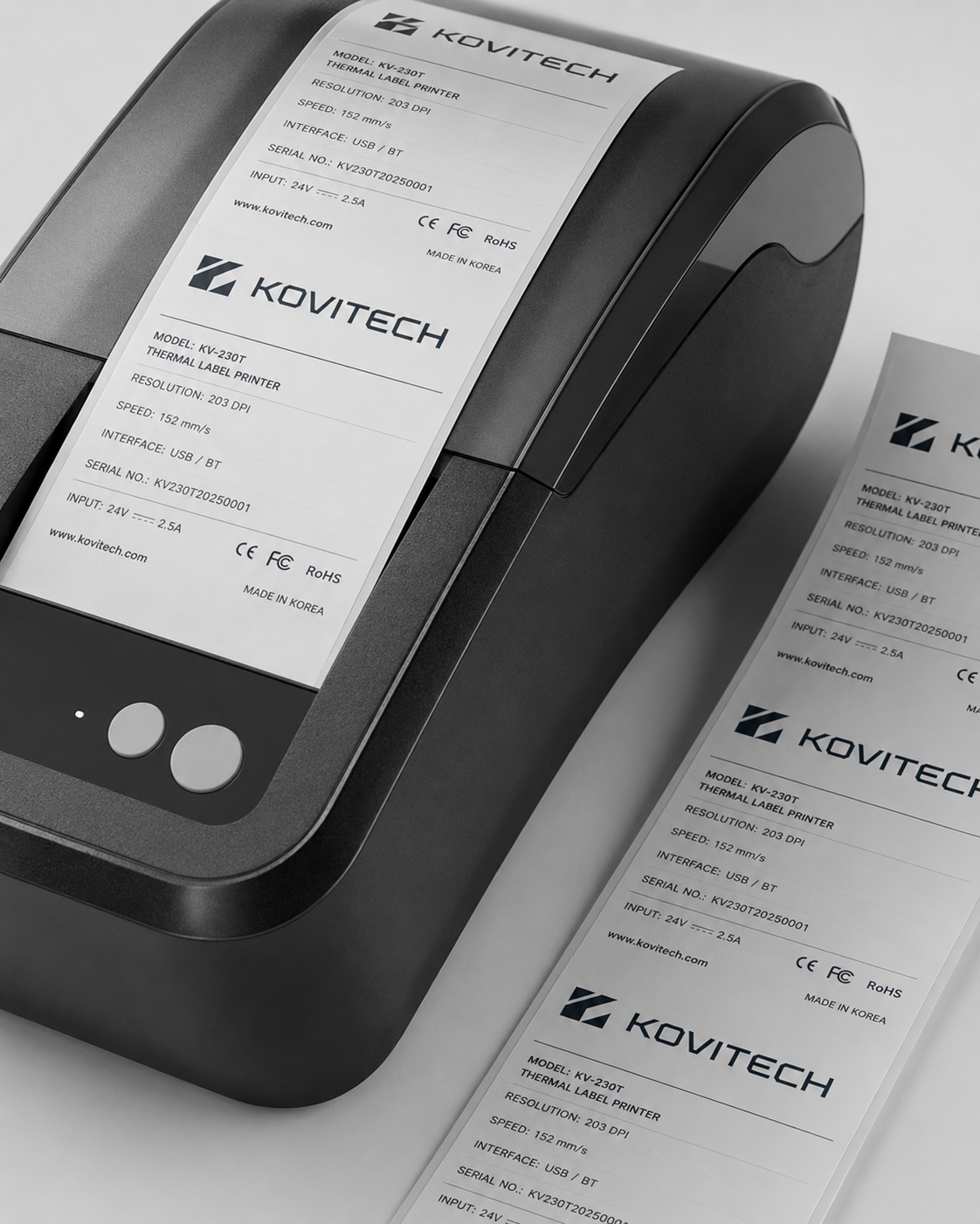 Kovitech identity receipt labels printing from a thermal label printer